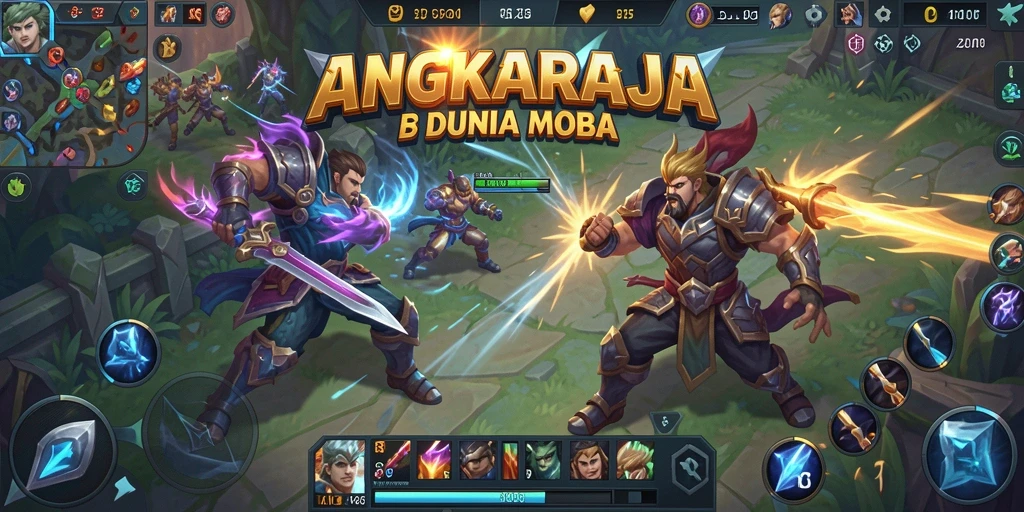 Screenshot gameplay <strong>ANGKARAJA</strong> menampilkan pertarungan seru di arena MOBA.