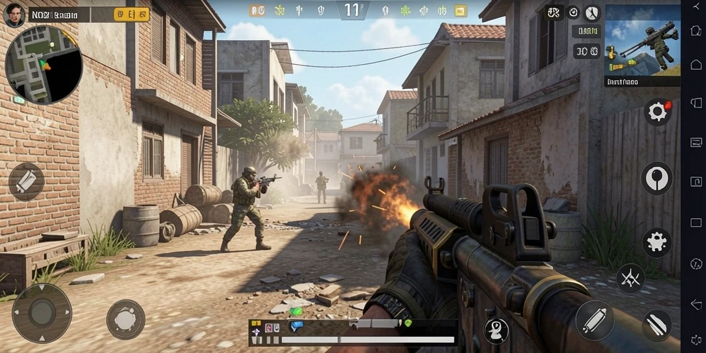 Screenshot gameplay NOX123 dengan aksi tembak-menembak yang intens.